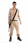 Standing Soldier With Gun Stock Photo