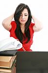 stressed lady with laptop Stock Photo