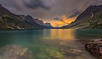 Sunset At St. Mary Lake, Glacier National Park, Mt Stock Photo