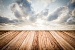 Sunset Sky And Wood Floor, Background Stock Photo