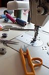 Tailor, Tailoring Table And Utensils Stock Photo