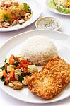 Thai Food, Rice, Mix Vegetables And Fried Fish Stock Photo