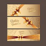 The Happy Birthday Card Gold Color And Gold Ribbon Stock Photo