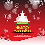 The Merry Christmas  And Happy New Year With Snow And Tree  On Red  Background Stock Photo