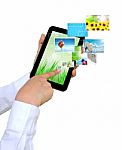 Touch Pad Pc And Streaming Images Virtual Buttons On Women Hand Stock Photo