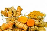 Turmeric (curcuma Longa L.) Root And Turmeric Powder Stock Photo