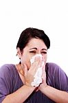 Woman Blowing Nose Stock Photo