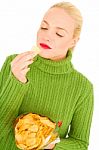 Woman Eating Crisps Stock Photo