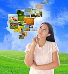 Woman Looking Button Streaming Multimedia From Internet Stock Photo