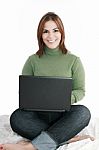 Woman Sitting With Laptop Stock Photo