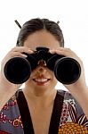 Woman Watching Through Binocular Stock Photo