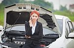 Woman With Car Broke Down Stock Photo