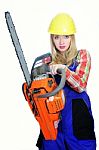 Woman With Chainsaw Stock Photo