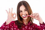 Women Brushing Her Teeth Stock Photo