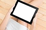 Women Hold Tablet Device On Top View Stock Photo