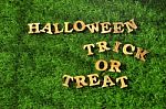 Wooden Halloween And Trick Or Treat Words On Grass Background Stock Photo