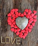 Word Love With Red And Metal Heart Shaped Valentines Day Stock Photo