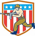 World War Two Soldier American Tommy Gun Shield Stock Photo