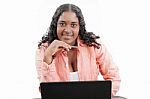 Young Black Woman With Laptop Stock Photo
