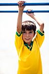 Young Boy Hanging On Jungle Gym Stock Photo