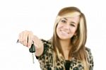 Young Caucasian Woman Holding Car Key Stock Photo