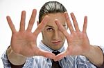 Young Man Posing With Open Palms Stock Photo