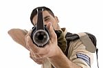 Young Soldier Aiming With Gun Stock Photo