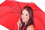 Young Woman With Red Umbrella Stock Photo