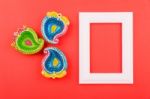 Happy Diwali Day, Flat Lay Top View Colorful Clay Diya Lamps And Stock Photo