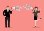 Businessman And Woman Are Holding A Megaphone With Flowers Stock Photo