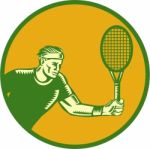 Tennis Player Forehand Circle Woodcut Stock Photo