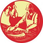Chinese Cook Chop Meat Oval Circle Woodcut Stock Photo