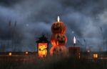 Scene Of Halloween Decoration At Night With Halloween Pumpkin Stock Photo