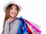 Portrait Of Young Beautiful Model Carrying Her Shopping Bags Stock Photo