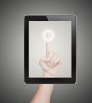 Hand Pushing Tablet On A Touch Screen Blank Interface Stock Photo