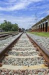 Railway Tract In Summer Day At Train Station In Thailand Stock Photo