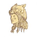 Native American Woman Wearing Wolf Headdress Stock Photo