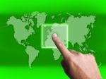 Hand Touch Touchscreen On World Map Shows Internet Www Stock Photo
