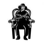 Man Gagged Chained To Grand Arm Chair Woodcut Stock Photo