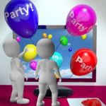 Balloons With Party Text Showing Invitations Sent Online Stock Photo