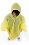 High Angle View Of Standing Man Wearing Raincoat Stock Photo