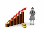 Businesswoman Standing Next To Gold Coins Chart Stock Photo