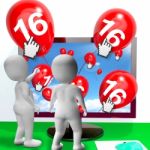 Number 16 Balloons From Monitor Show Internet Invitation Or Cele Stock Photo