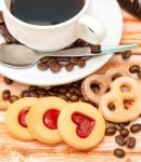 Mug Of Freshly Brewed Coffee And Heart Cookies Stock Photo