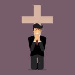Sadness Man Is On His Knees And Prays To God Stock Photo