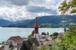 View Of The Evangelical Parish Church In Attersee Stock Photo