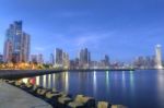 Panama City Skyline And Bay Of Panama, Central America In The Tw Stock Photo
