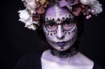 Halloween Model Close-up With Rhinestones And Wreath Of Flowers Stock Photo
