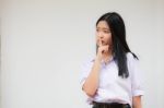 Portrait Of Thai High School Student Uniform Beautiful Girl Silently Stock Photo