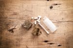 Weed Marijuana Hashish Roll Wood Background Stock Photo